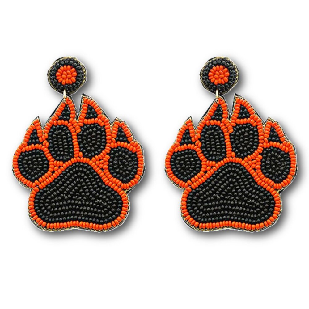 Black Orange Large Seed Beaded Paw Earrings